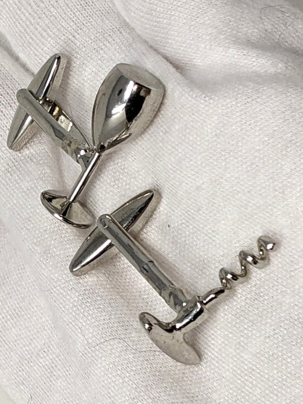 Novelty Cufflinks Wine Glass & Corkscrew Chrome Silver Bartender Sommelier